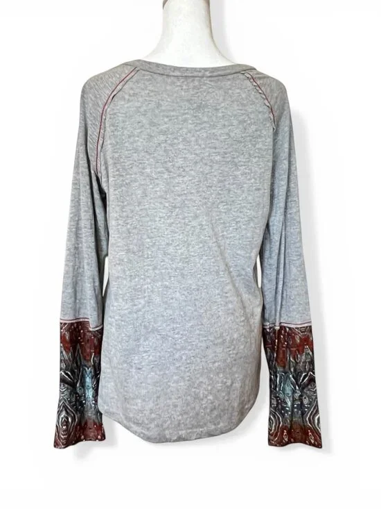 Sundance Boho Henley Top L Gray Southwest Cuffs Soft Cotton Serenity - Picture 4 of 11